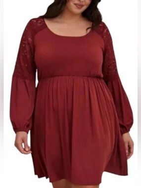 Torrid Dress 2 Burnt‎ Sienna Lace Trim Challis Long Sleeve Stretch Plus Size 2X